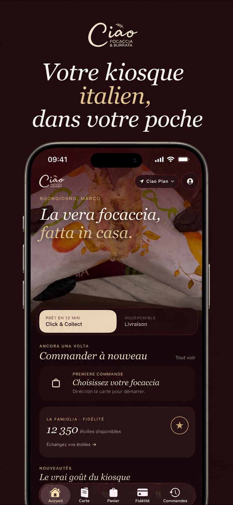 Accueil de l’application Ciao Focaccia